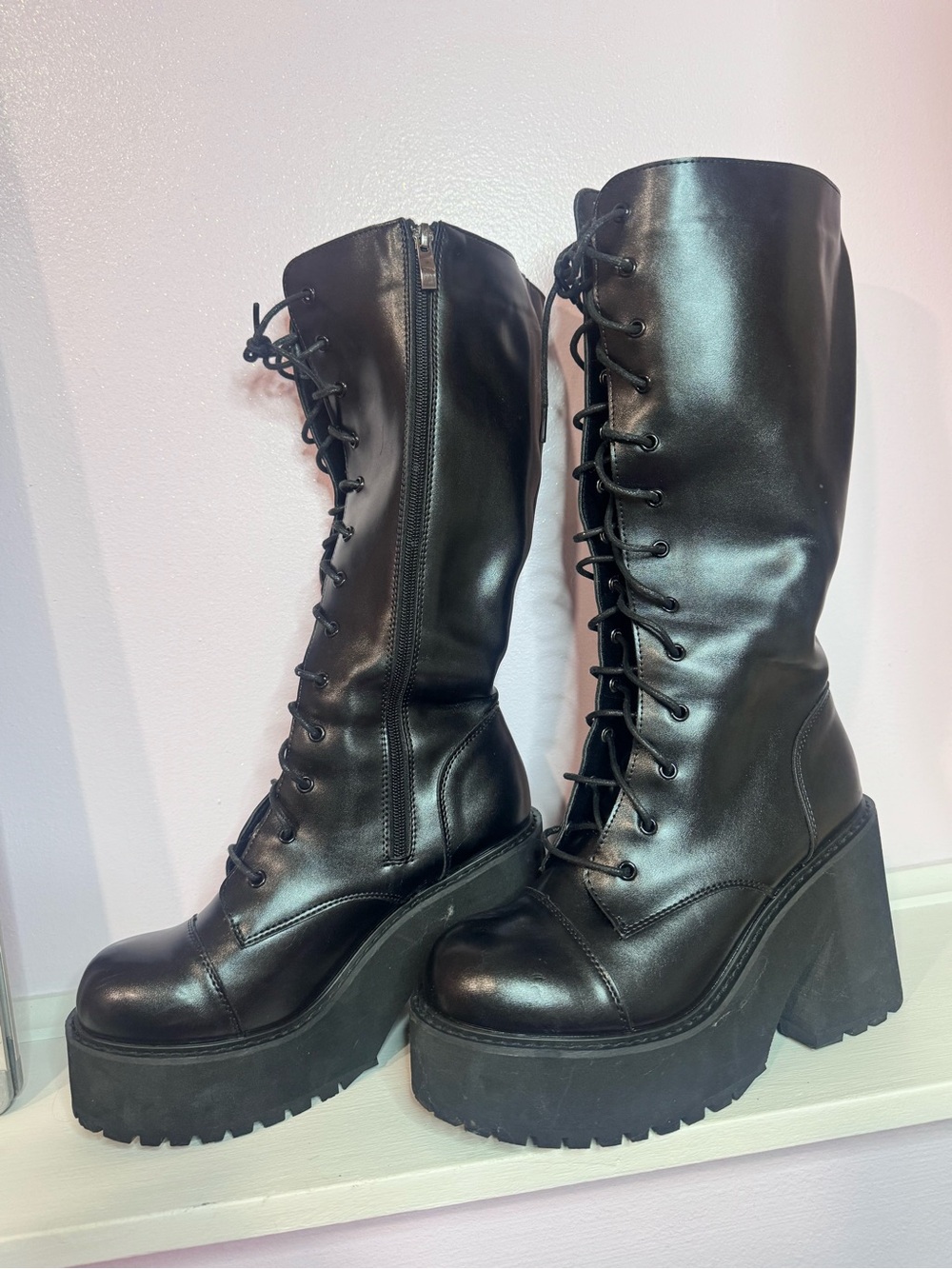 Black Lace-Up Platform Combat Boots - Women